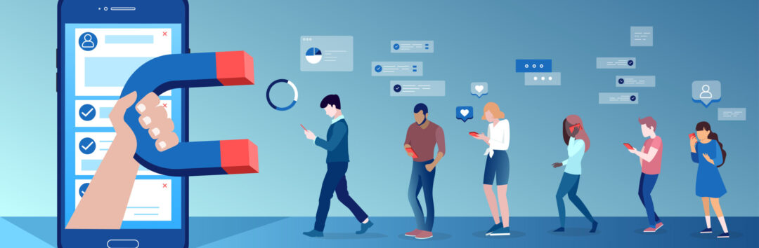 Vector of a group of people using mobile gadgets communicating being attracted by social media app platform